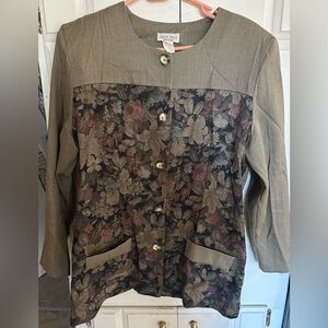 Vintage Elegant Floral Brown Beige Button-Up Blazer w/Shoulder Pads 16 Petite